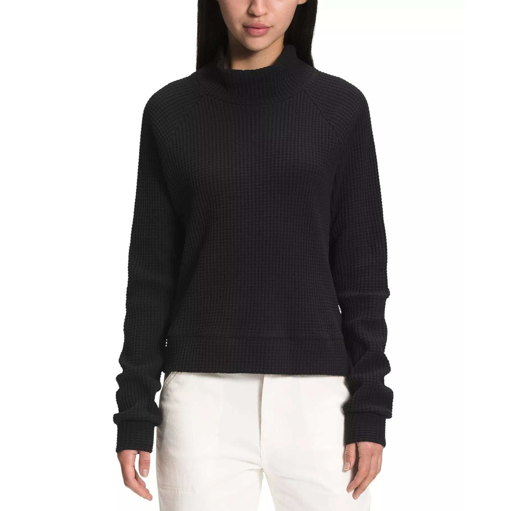 The North Face Mock Neck Cotton Chabot Top Womens M Black Waffle Knit Thermal